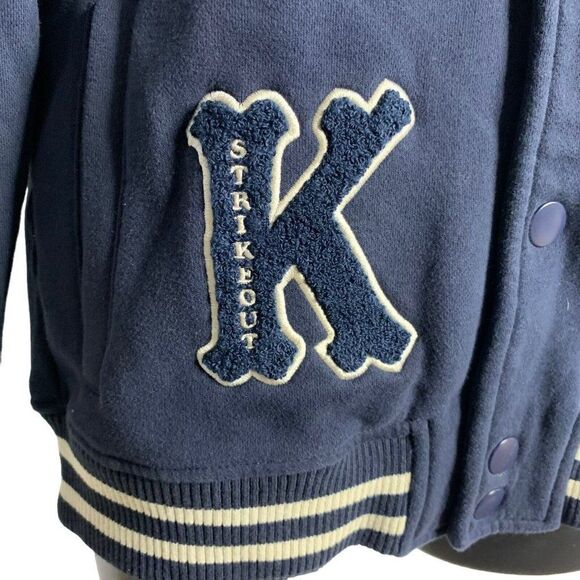 Superdry Varsity Bomber Jacket L Blue Embroidered Snaps Pockets Fleece Lined - Picture 3 of 8